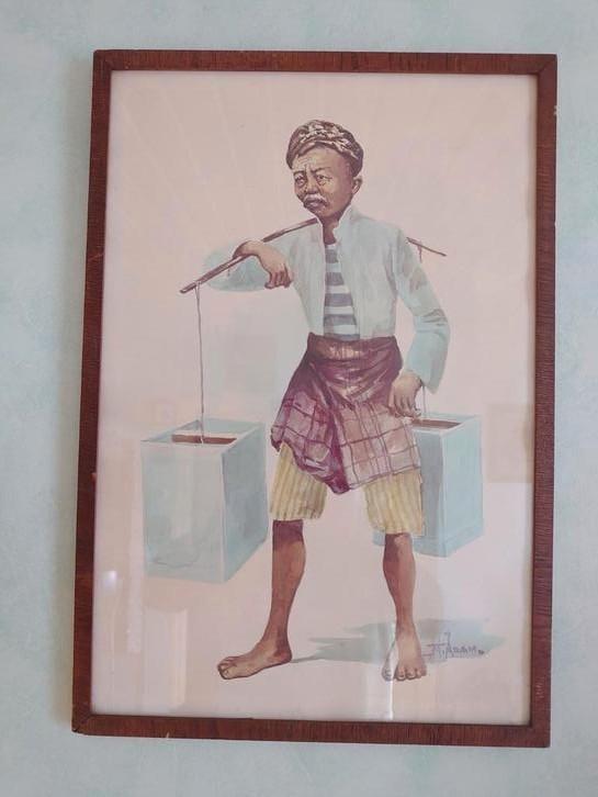 Oude aquarel/ Javaan op weg naar de markt/ jaren '50, Antiek en Kunst, Kunst | Niet-Westerse kunst, Ophalen of Verzenden