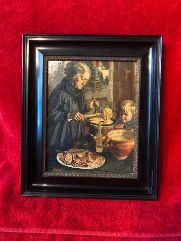 Antieke lijst 36 x 30 cm met tafereeltje 'drie in de pan'. beschikbaar voor biedingen