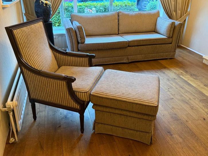 Bank met fauteuil en hocker - omkeerbare kussens!, Huis en Inrichting, Banken | Bankstellen, Gebruikt, Rechte bank, Tweepersoons