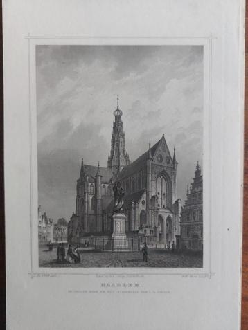 22 / Grote kerk en standbeeld Coster Haarlem Gravure 1858 beschikbaar voor biedingen