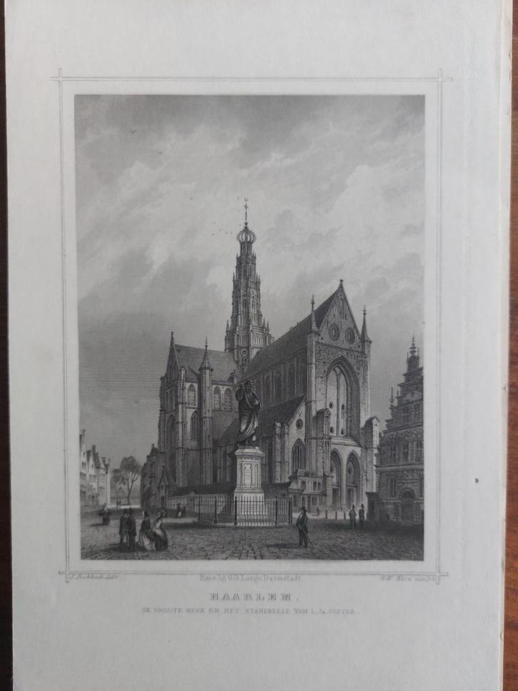 22 / Grote kerk en standbeeld Coster Haarlem Gravure 1858, Antiek en Kunst, Kunst | Etsen en Gravures, Ophalen of Verzenden