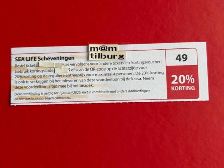 Bon 49 SEA LIFE Scheveningen 20% korting, Tickets en Kaartjes, Kortingen en Cadeaubonnen, Drie personen of meer, Overige typen