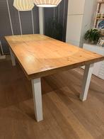 Houten eettafel met witte stalen poten, Ophalen, Gebruikt, 100 tot 150 cm, 200 cm of meer