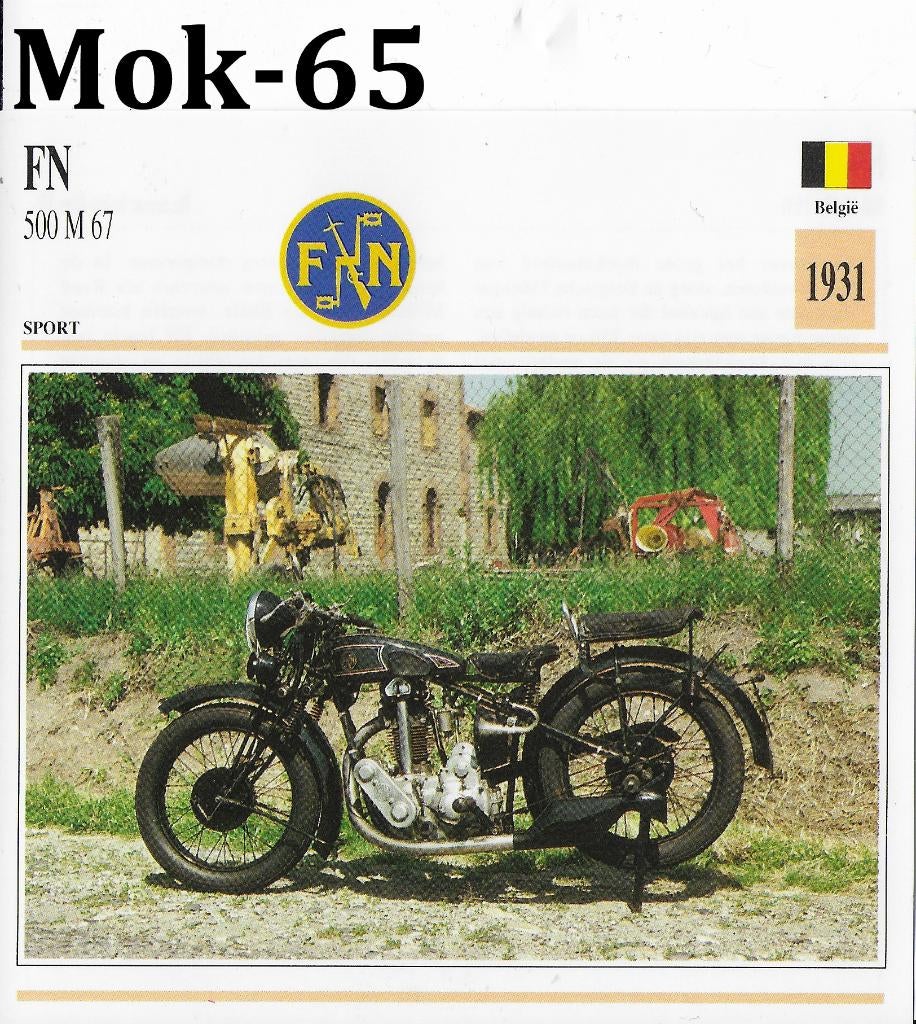 Mok65 motorkaart fn 500 m 67 ( 1931 ), Ophalen of Verzenden, Zo goed als nieuw, Auto's