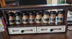 Vintage kruidenrek met 8 potjes kruiden, Ophalen of Verzenden