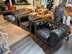 Gave Vintage Chesterfield zithoek 3+1+1 zwart generfd leer, Ophalen of Verzenden, Zo goed als nieuw