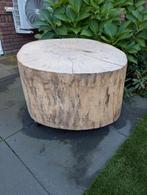 Boomstam tafel op wielen, Huis en Inrichting, Tafels | Salontafels, 50 tot 75 cm, Rond, Zo goed als nieuw, 50 tot 100 cm
