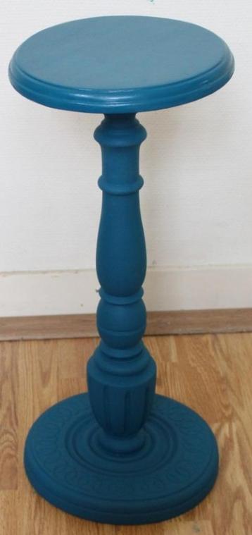 Petrol blauw plantentafeltje, massief hout, brocant, zuil beschikbaar voor biedingen