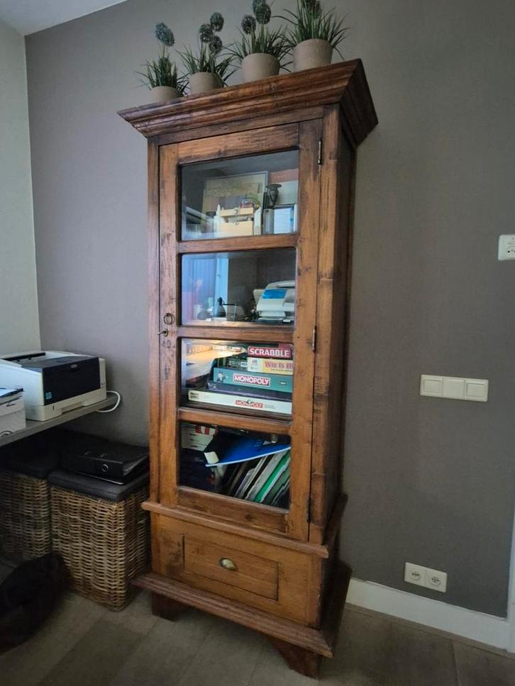 Teakhouten kast met glazen deur, Huis en Inrichting, Kasten | Boekenkasten, Zo goed als nieuw, 50 tot 100 cm, 150 tot 200 cm, 25 tot 50 cm