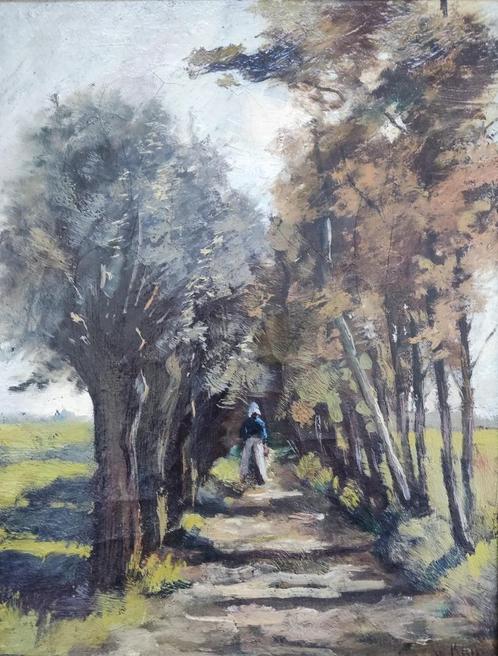 Willem Alexander Knip (1883-1967) - Vrouw op wilgenlaan, Antiek en Kunst, Kunst | Schilderijen | Klassiek, Ophalen of Verzenden