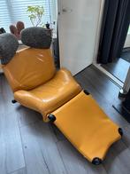 Wink Stoel met Voetenbank - Geel Leer, Ophalen, Gebruikt, Leer, 75 tot 100 cm