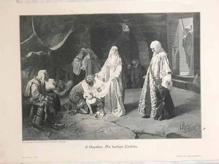 J. Nogales: Die heilige Casilda, or. gravure 1896, 32x22cm., Antiek en Kunst, Kunst | Etsen en Gravures, Ophalen of Verzenden