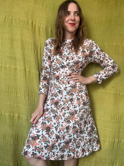 Vintage jurk met binnenvoering- print - 70s, Kleding | Dames, Jurken, Gedragen, Maat 36 (S), Ophalen of Verzenden