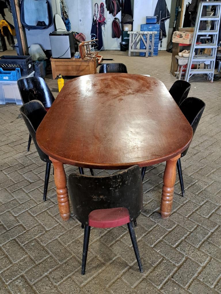 Originele stamtafel met 6 stoelen., Ophalen, Gebruikt, 200 cm of meer, 50 tot 100 cm