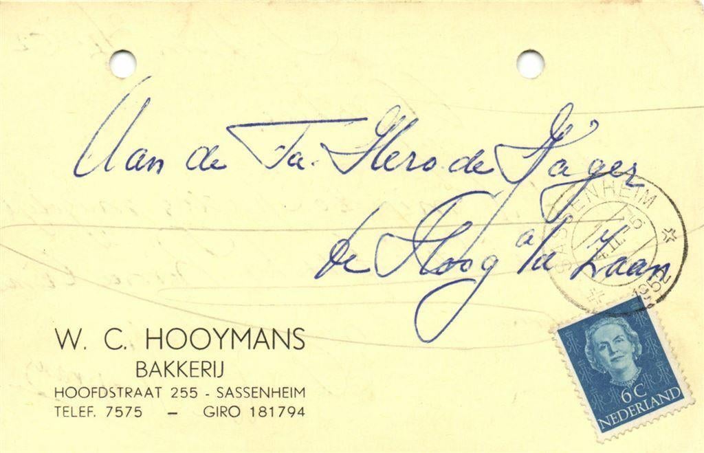 W.C. Hooymans, Bakkerij, Sassenheim - 02.1952 - briefkaart, Ophalen of Verzenden, Briefkaart