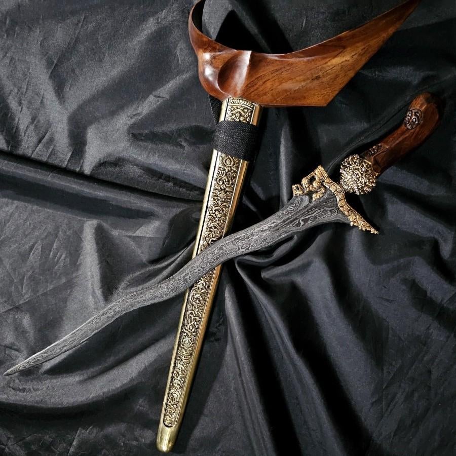 Keris Singo Barong 5 Luk Kinatah Goud Pedaringan Kebak KNL89, Antiek en Kunst, Verzenden
