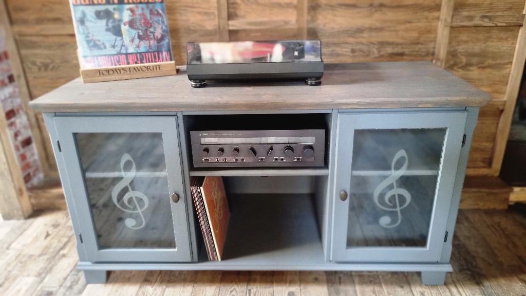 Dressoir audiomeubel voor platenspeler en versterker., Ophalen, Met deur(en), 100 tot 150 cm, Glas