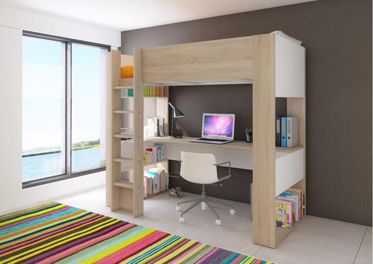 Twist hoogslaper met bureau - 90x200 - Lichteiken met wit, Huis en Inrichting, Slaapkamer | Stapelbedden en Hoogslapers
