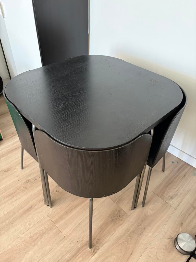 IKEA FUSION eettafel + 4 stoelen zwartbruin – compacte set, Huis en Inrichting, Ophalen, Gebruikt, 50 tot 100 cm, Vierkant