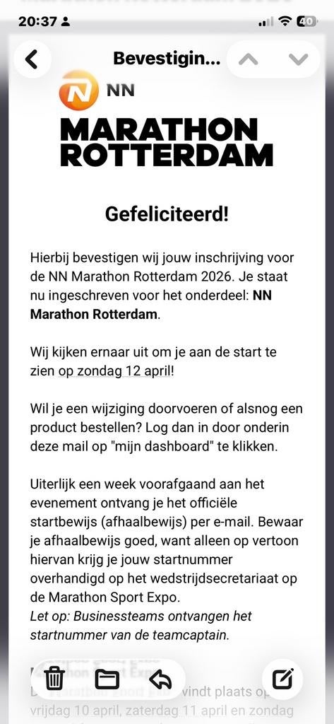 Startbewijs NN Rotterdam Marathon - heel, Tickets en Kaartjes, Evenementen en Festivals, Eén persoon