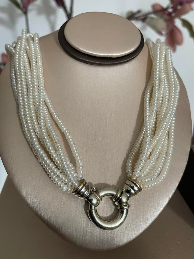 vintage 16 rijig parelcollier met zilveren jasseron sluiting, Sieraden, Tassen en Uiterlijk, Kettingen, Ophalen of Verzenden, Zo goed als nieuw