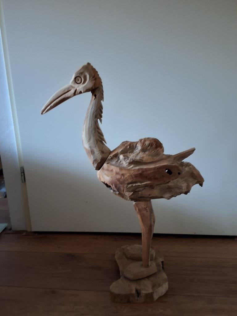 Uniek handgesneden houten reiger beeld ca 60cm vogel, Ophalen of Verzenden