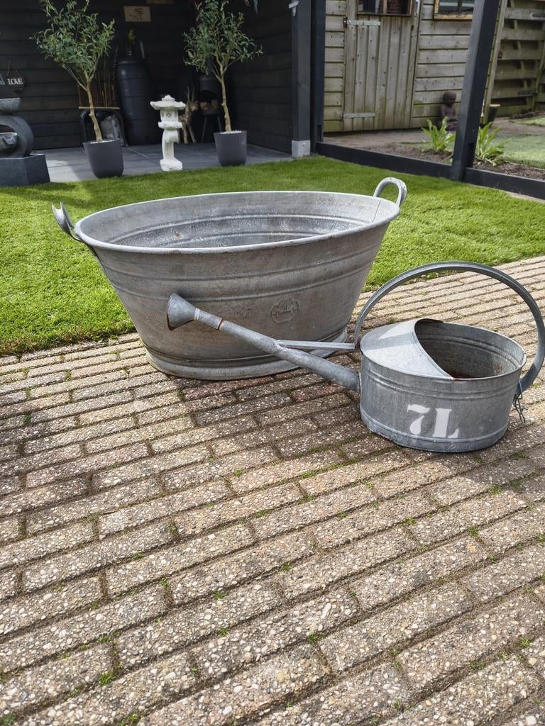 Zinken teil en gieter - Vintage tuin decoratie, Tuin en Terras, Overige Tuin en Terras, Gebruikt, Ophalen of Verzenden