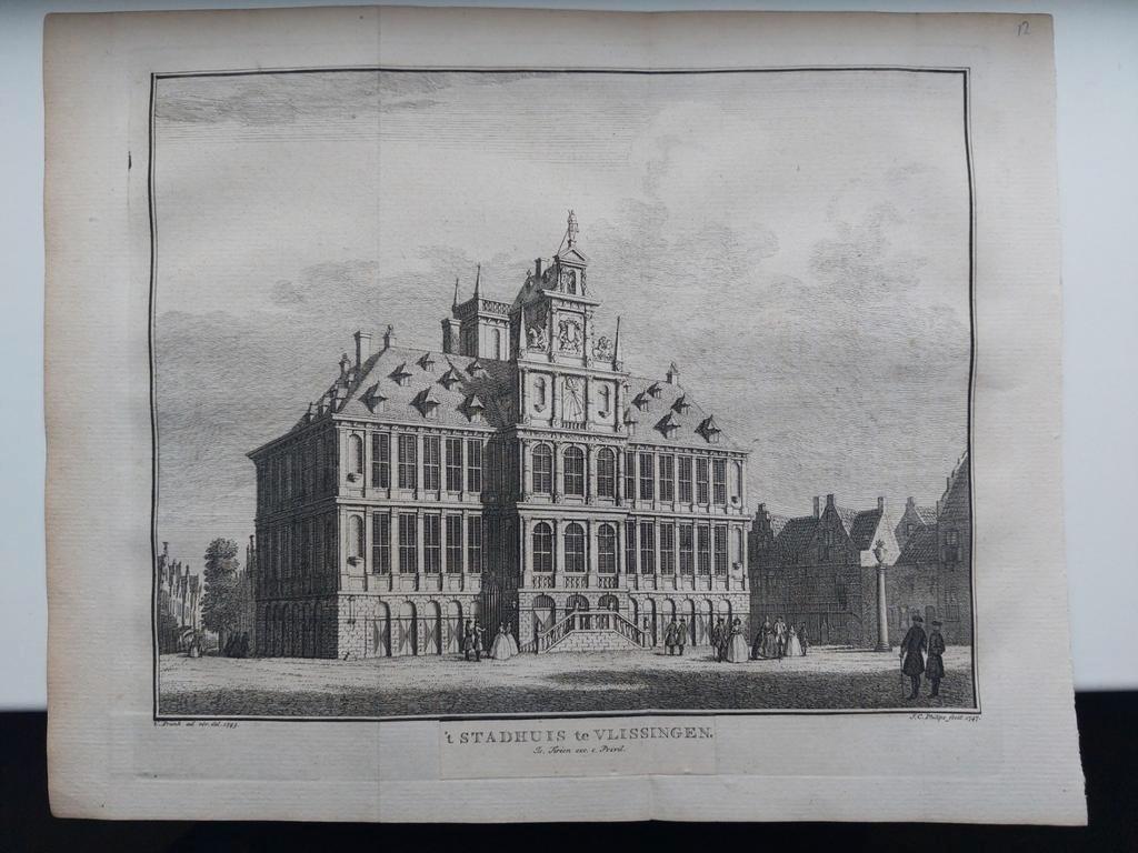 12 / Stadhuis Vlissingen Gravure uit 1747 door J.C. Philips, Ophalen of Verzenden