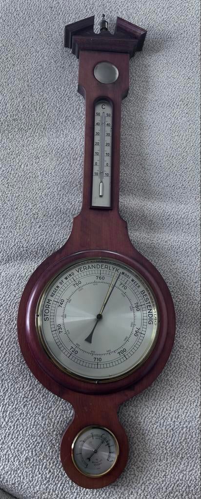 Antieke Barometer en Thermometer - Hout, Audio, Tv en Foto, Weerstations en Barometers, Ophalen, Gebruikt, Barometer
