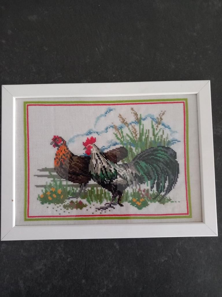 Geborduurd schilderij kip  / haan, Ophalen of Verzenden, Minder dan 50 cm, Schilderij, Minder dan 50 cm