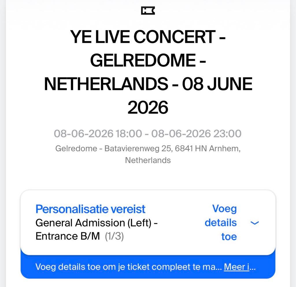 1x ticket Ye Live Gelredome 8 June, Tickets en Kaartjes, Concerten | Pop, Eén persoon, Juni