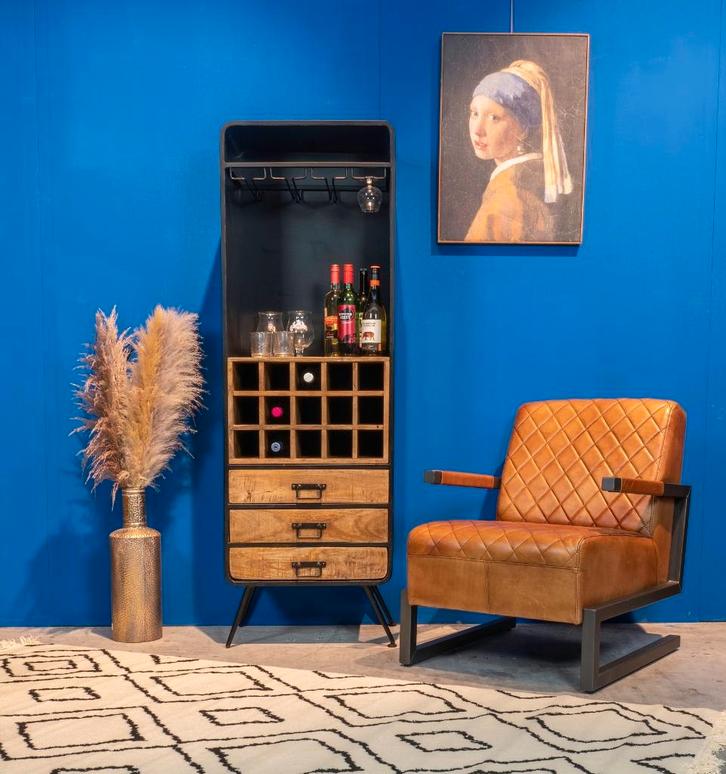 Industriële wijn / drankkast "Staal en hout", Huis en Inrichting, Woonaccessoires | Wijnrekken, Nieuw, 75 cm of meer, Metaal, 5 tot 15 flessen