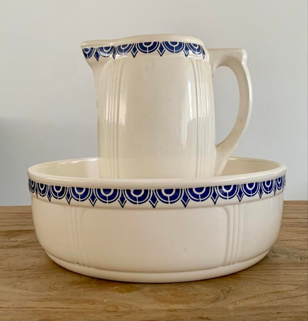 Antieke waskom en kan set, wit met blauw decor, Antiek en Kunst, Ophalen of Verzenden