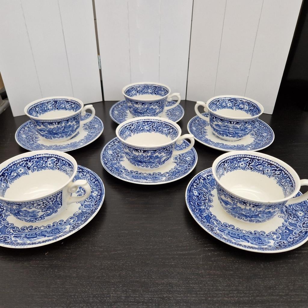 Set van 6 antieke theekopjes met schotels - Blauw/Wit, Ophalen of Verzenden