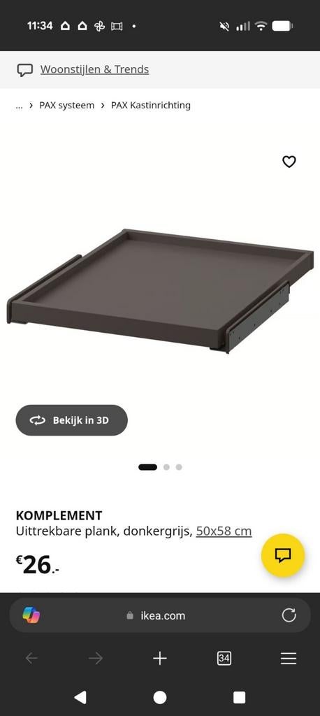 Komplement Pax uittrekbare plank en glasplaat donkergrijs, Nieuw, Minder dan 100 cm, 50 tot 75 cm, 50 tot 100 cm