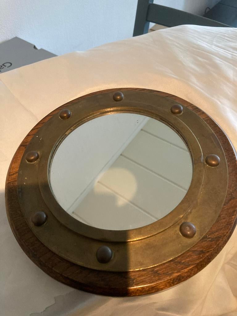 Patrijspoort spiegel messing in houten lijst, Ophalen of Verzenden