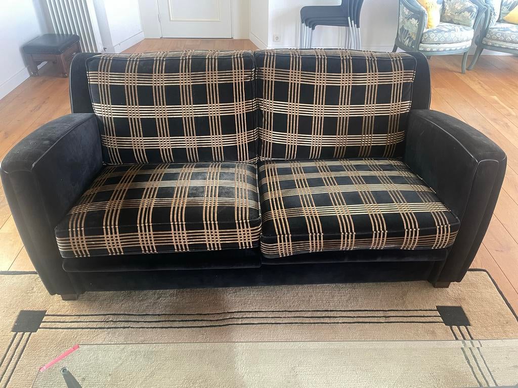 Stijlvolle bank met 2 stoelen in zwart/goud, Ophalen, Gebruikt, 150 tot 200 cm, Tweepersoons