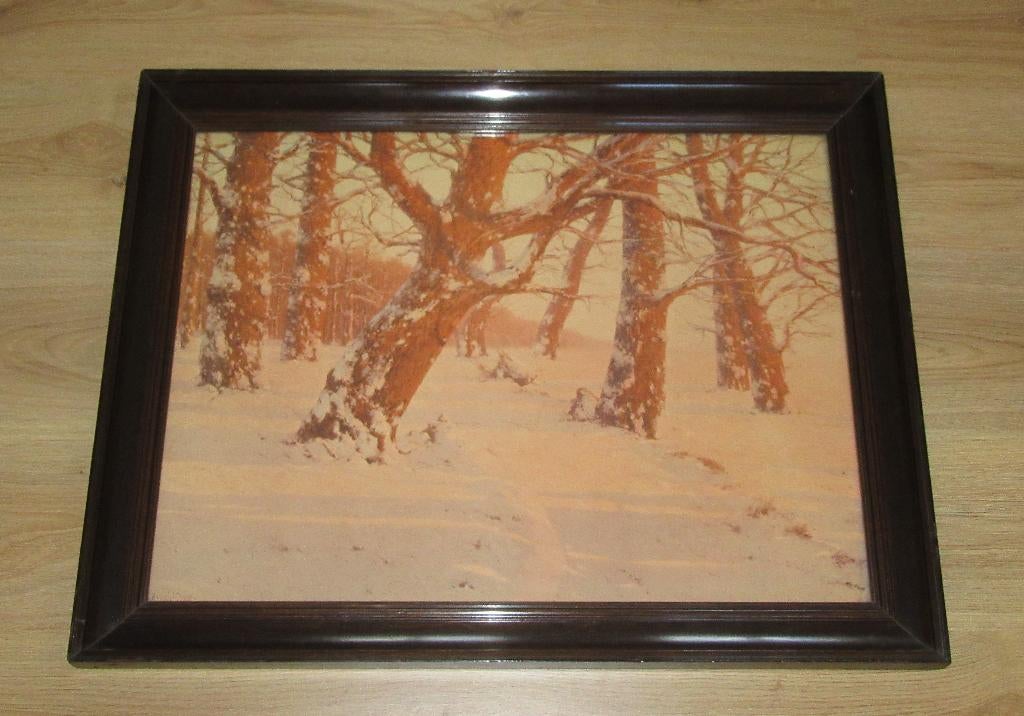 1930 mega groot schilderij bos winter antieke houten lijst, Antiek en Kunst, Ophalen