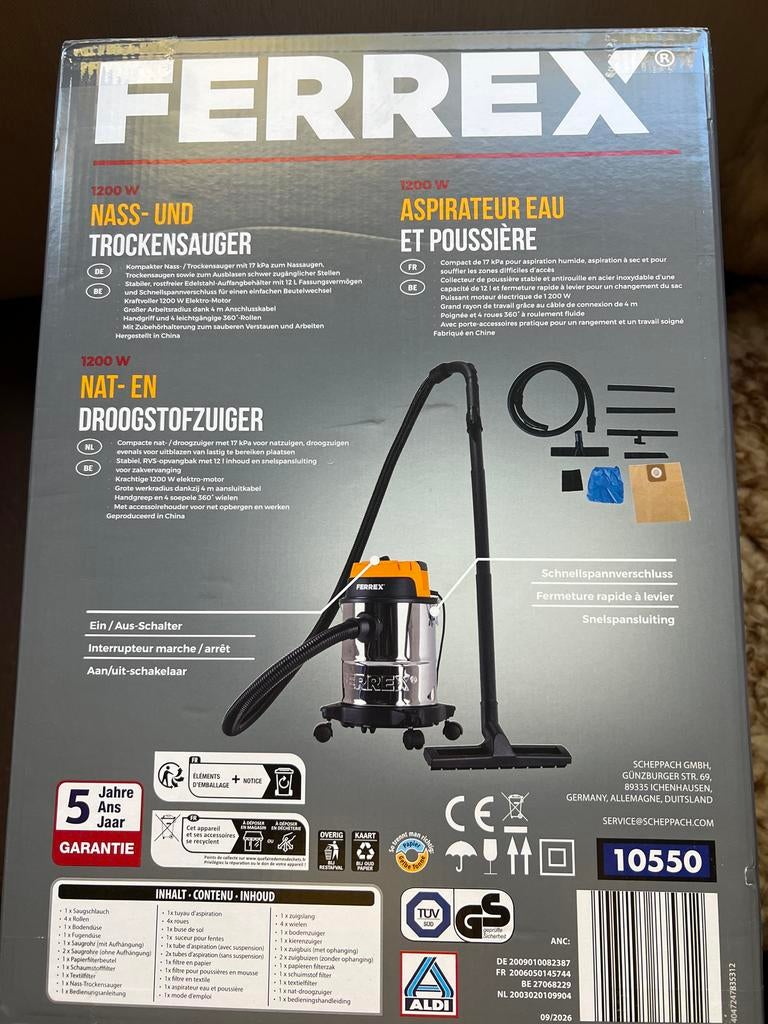 Ferrex Nat- en Droogstofzuiger 1200W; Nieuw in doos!, Stofzuiger, Nieuw, Ophalen of Verzenden, Reservoir