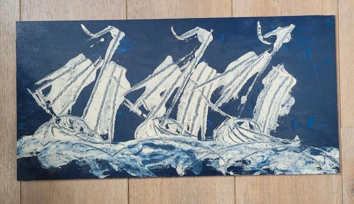 Abstract schilderij: Blauwe zee met witte zeilen, Antiek en Kunst, Kunst | Schilderijen | Abstract, Ophalen of Verzenden