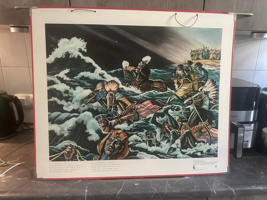 Vintage Schoolplaat: Farao's ondergang in de Rode Zee, Antiek en Kunst, Antiek | Schoolplaten, Ophalen of Verzenden, Geschiedenis