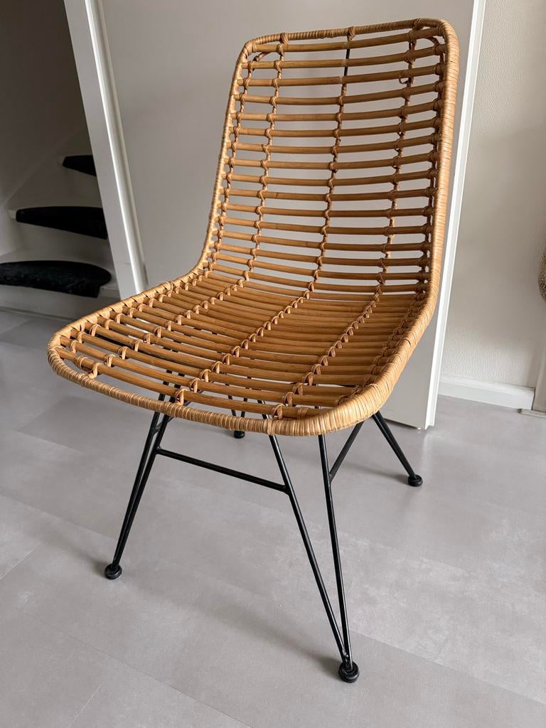 6 rotan eettafelstoelen met metalen onderstel, Huis en Inrichting, Ophalen, Gebruikt, Overige kleuren, Riet of Rotan
