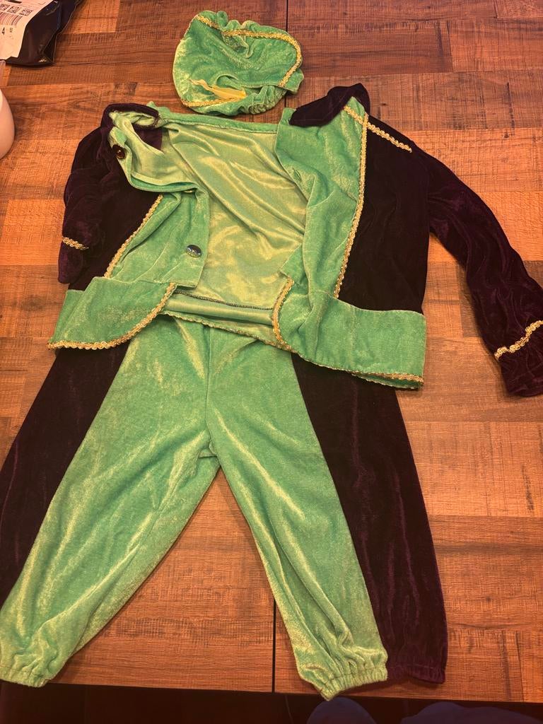 Prins/Nar Verkleedpak - Groen/Paars Fluweel, Ophalen of Verzenden, Gebruikt, 122 t/m 128, Jongen of Meisje