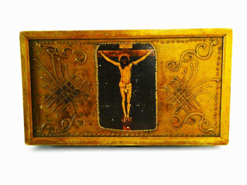 Oud Florentijns houten kistje met afbeelding icoon Jezus, Antiek en Kunst, Antiek | Religie, Ophalen of Verzenden