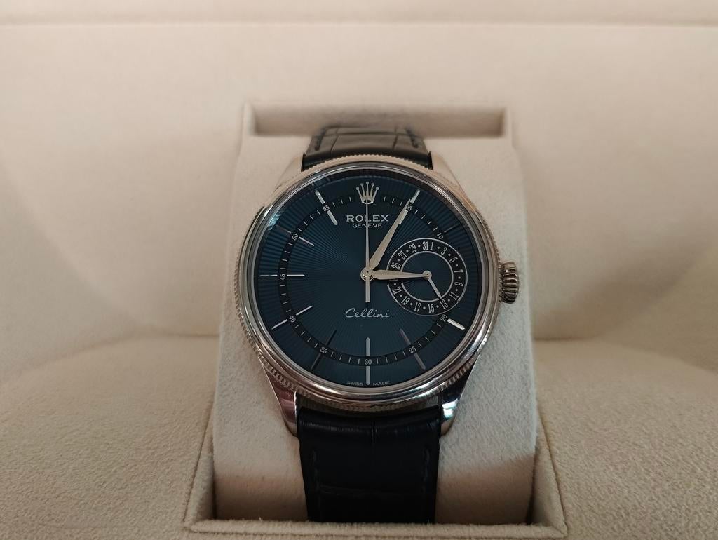 Rolex Cellini Date 50519-0011 - Blauwe Wijzerplaat & Band, Leer, Rolex, Polshorloge, Ophalen of Verzenden