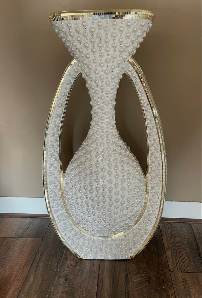 Prachtige hoge vaas / bloempot met parels en spiegeltjes, Ophalen, Overige materialen, Wit, Zo goed als nieuw