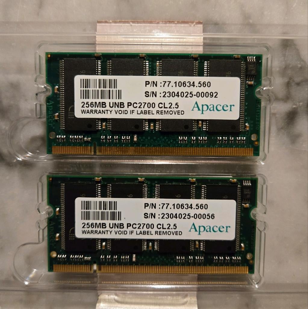 2 x 256mb,DDR, 333mhz sodim Ram geheugen "Apacer", Computers en Software, RAM geheugen, 1 GB of minder, Verzenden, 333mhz, Laptop