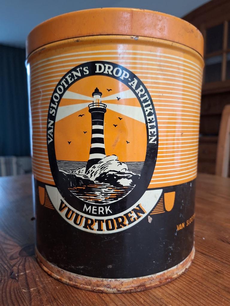 Vintage Van Slooten's Drop-Artikelen Blik - Merk Vuurtoren, Verzamelen, Ophalen of Verzenden, Gebruikt, Overige, Overige merken