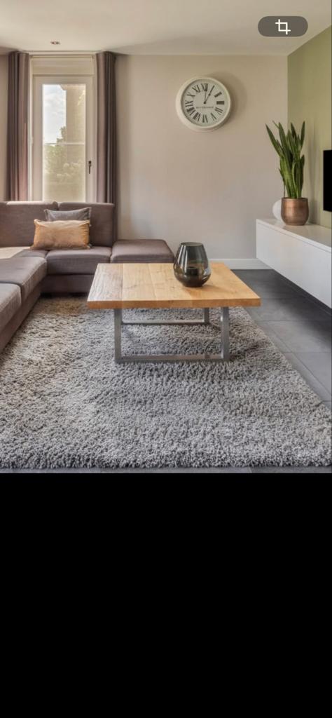 Massief eiken salontafel met RVS onderstel (1x1m), Ophalen, Gebruikt, 100 tot 150 cm, 50 tot 100 cm