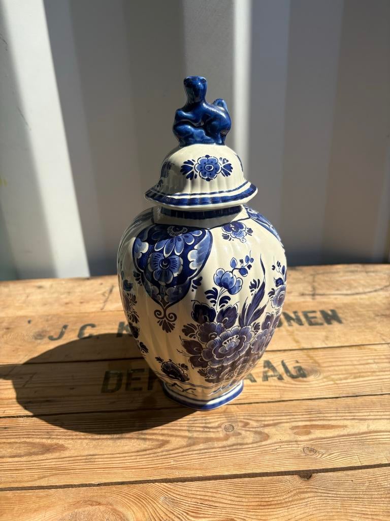Delfts Blauwe Gemberpot met Deksel en Leeuw, Ophalen of Verzenden